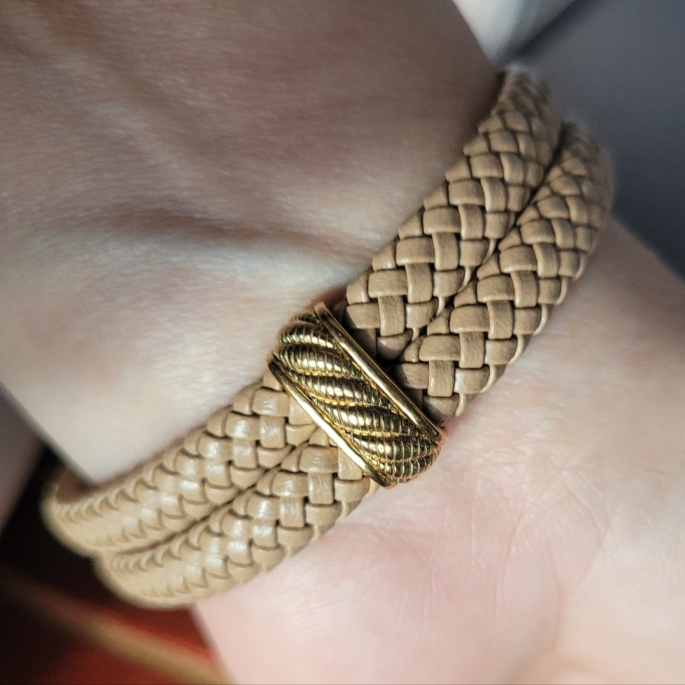 Judith Ripka Gold and Beige Braided Leather Bracelet with Crystal Accents - Picture 7 of 8